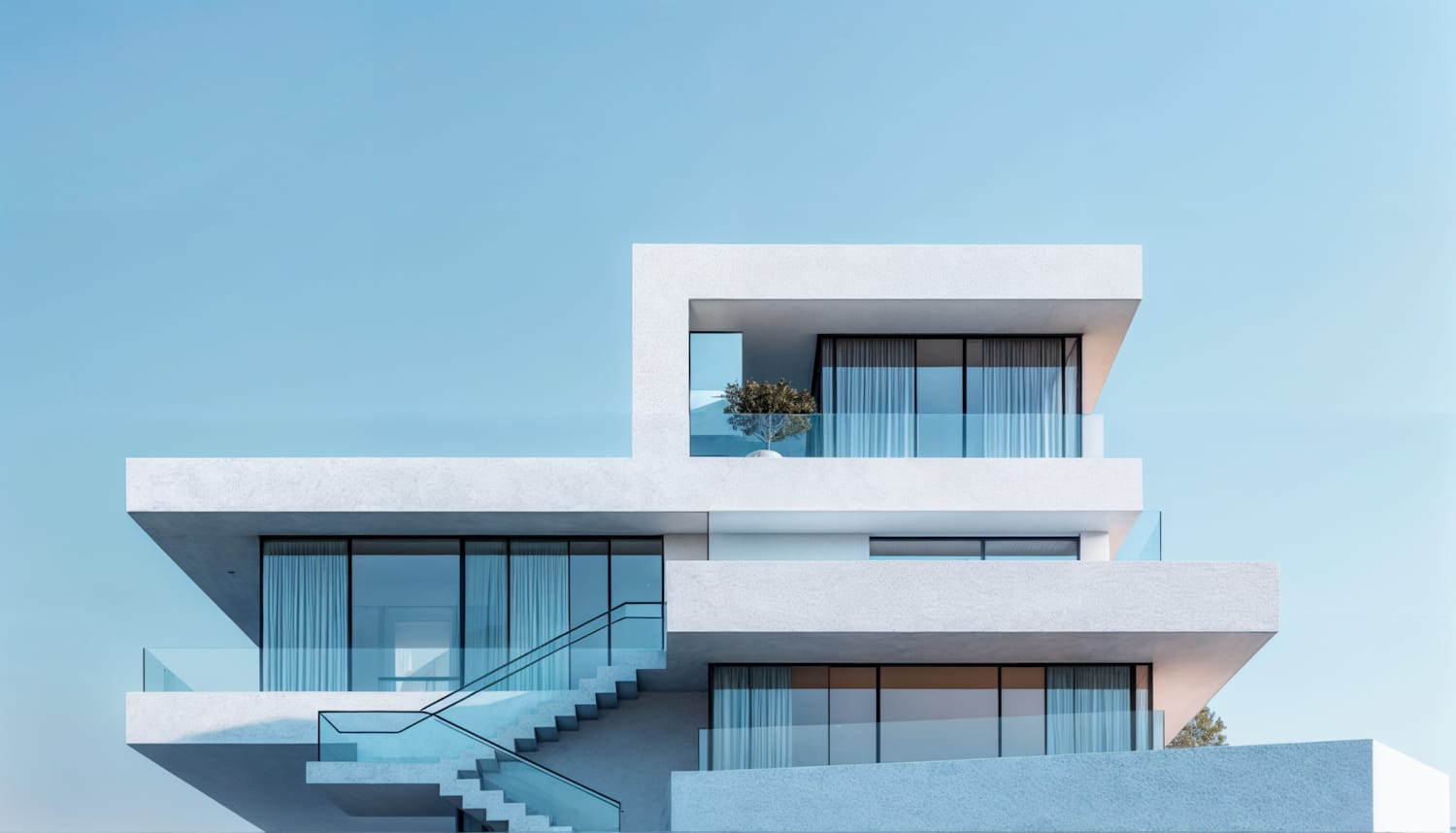 A modern glass-fronted office building under a clear sky